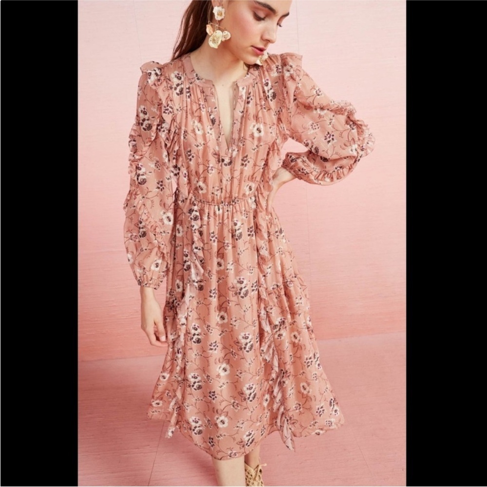 New ULLA JOHNSON Floral‎ Silk Ellette Midi Dress Cafe Size 4 Metallic Romantic